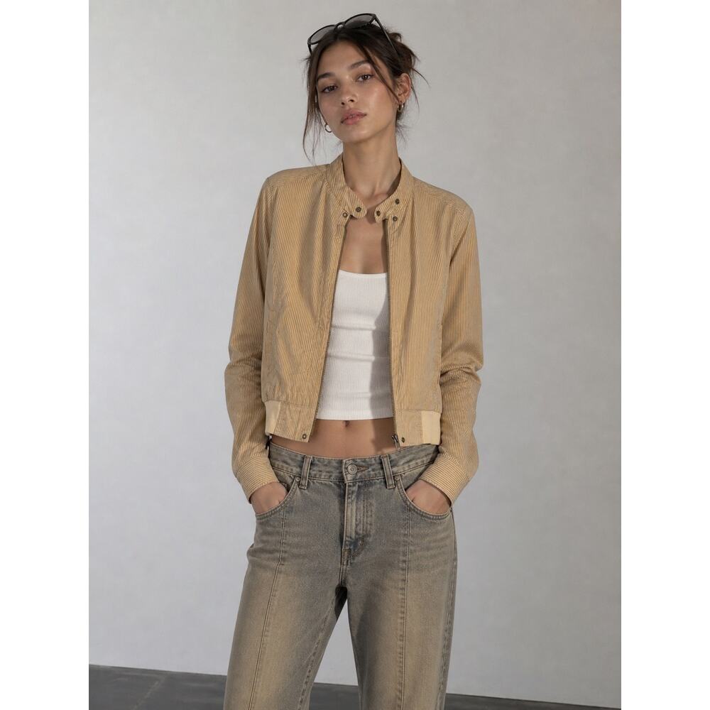 Vintage Y2K Cotton Crop Bomber Jacket Stripe Neutral Casual S Lightweight Preppy